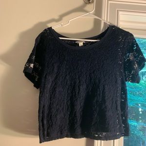 Navy Blue Flower Lace “Happy” Cropped Mesh Top